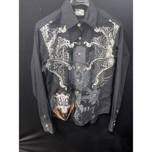 Brad Butter Shirt Men M Black Graphic Button Front Y2K Biker Scroll Crest